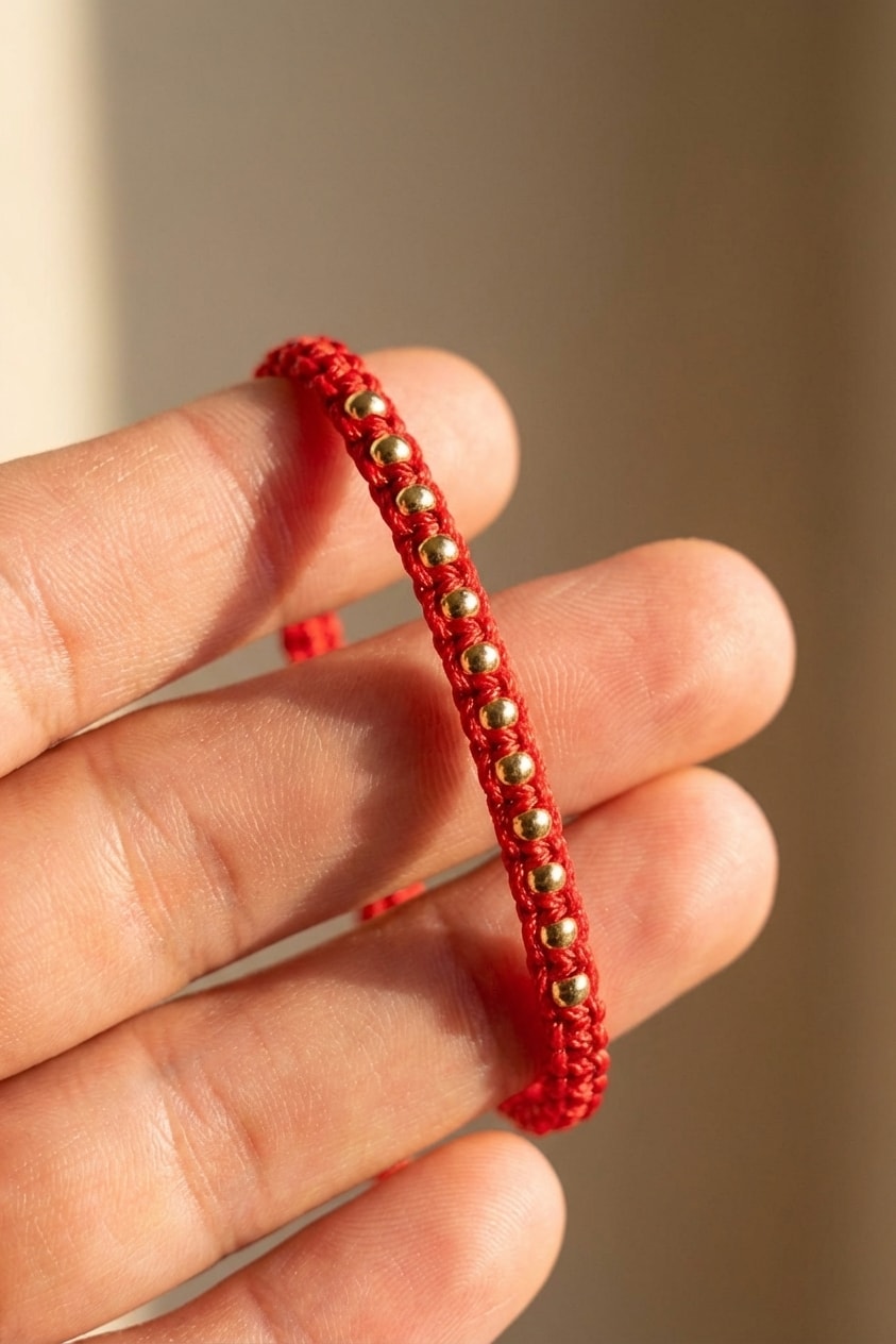 Detalle pulsera Amore balín 4mm oro laminado 18k macramé negro y rojo NJL Jewelry