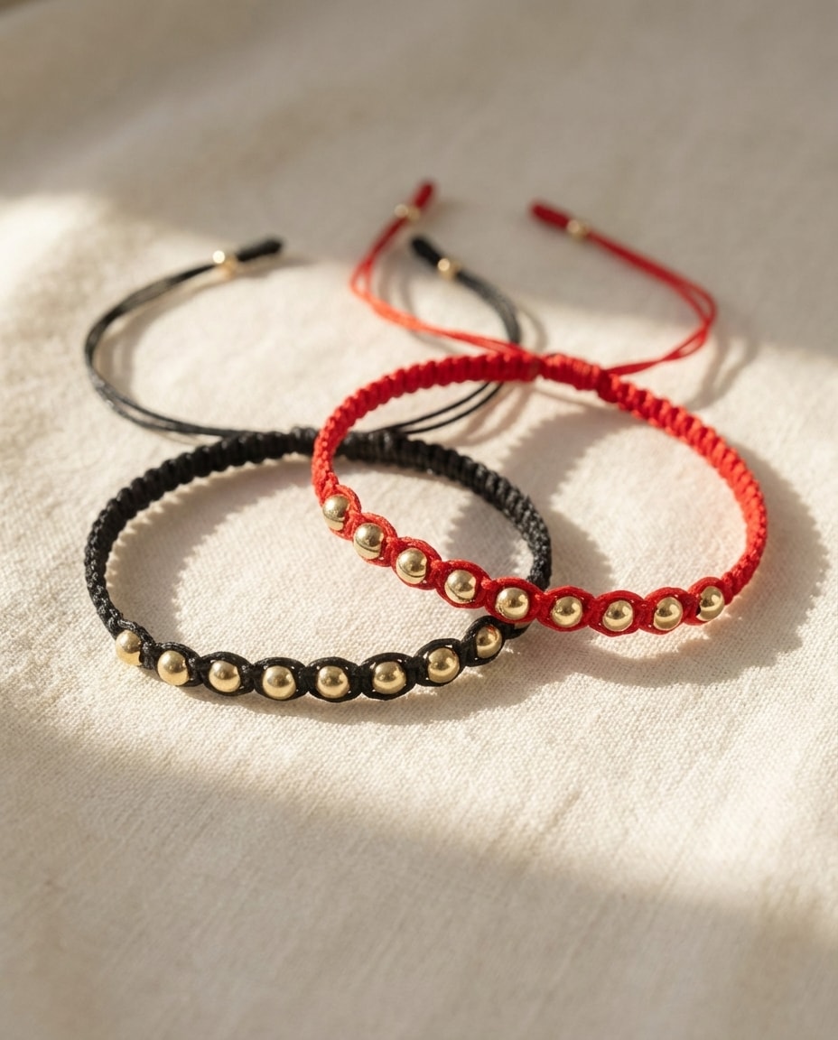 Pulsera Amore set de pareja tejida en macramé con balines 4mm de oro laminado 18k NJL Jewelry