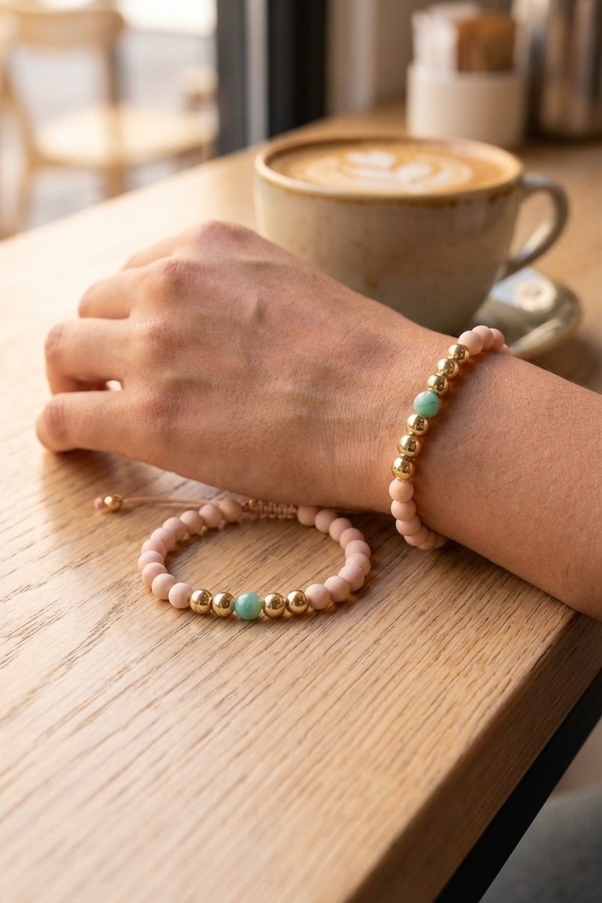 Pulsera Balín Grande 6mm lifestyle sobre mesa de café de madera en oro laminado 18k NJL Jewelry