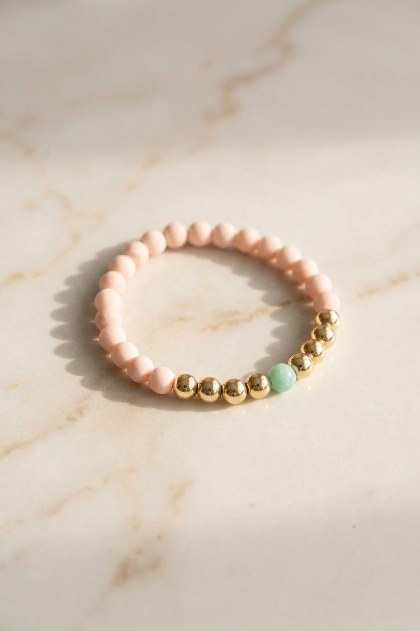 Pulsera Balín Grande 6mm flat lay sobre mármol cremoso, composición elegante en oro laminado 18k NJL Jewelry