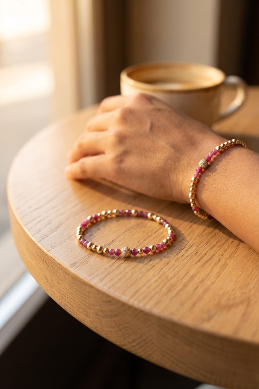 Pulsera Bola de Fuego con Rubí lifestyle sobre mesa de café de madera en oro laminado 18k NJL Jewelry