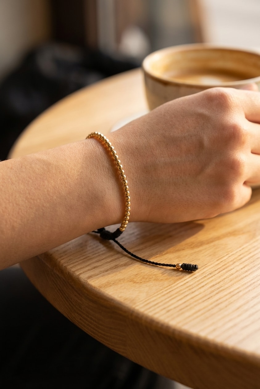 Pulsera Cordón Carmesí lifestyle sobre mesa de café de madera en oro laminado 18k NJL Jewelry