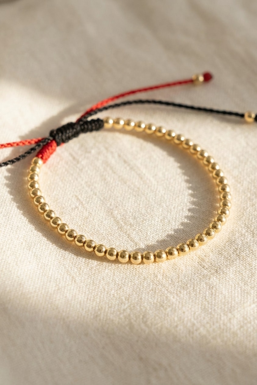 Pulsera Cordón Carmesí sobre lino cremoso, flat lay editorial en oro laminado 18k NJL Jewelry