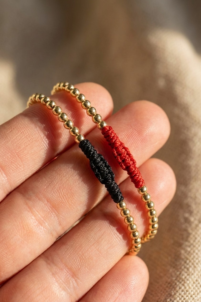 Pulsera Cordón Carmesí detalle macro sostenida entre dedos en oro laminado 18k NJL Jewelry