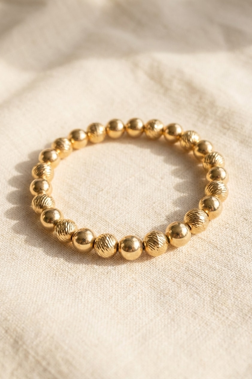 Pulsera Diamantada Lisa 8mm sobre lino cremoso, flat lay editorial en oro laminado 18k NJL Jewelry
