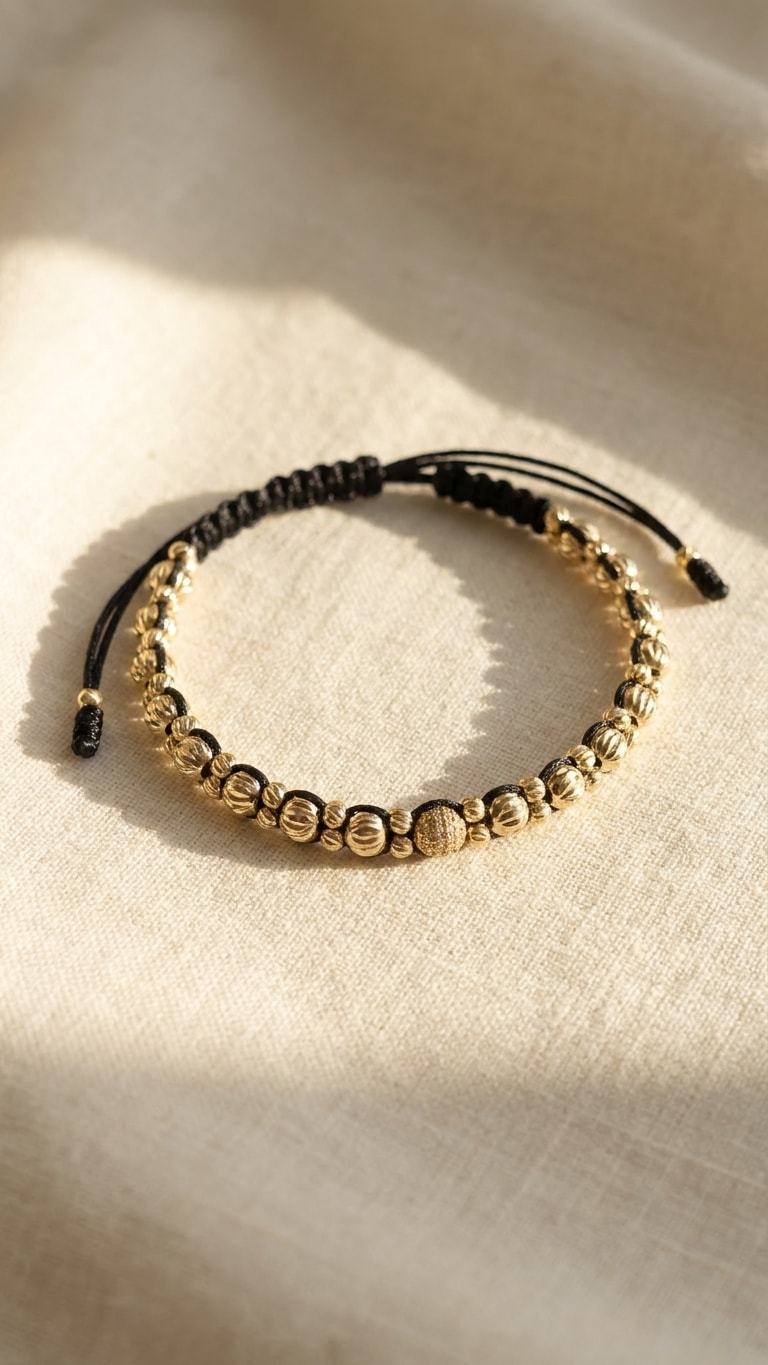 Pulsera doble hilera macramé negro con balines diamantados intercalados oro laminado 18k sobre lino crema, flat lay editorial NJL Jewelry