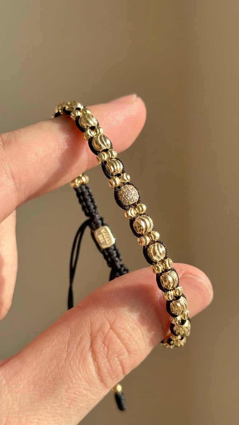 Pulsera doble hilera macramé negro con balines diamantados intercalados oro laminado 18k detalle macro entre dedos, primer plano NJL Jewelry