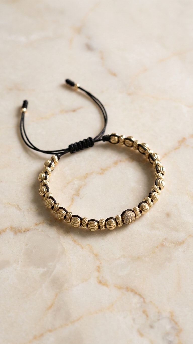 Pulsera doble hilera macramé negro con balines diamantados intercalados oro laminado 18k flat lay sobre mármol cremoso, composición elegante NJL Jewelry