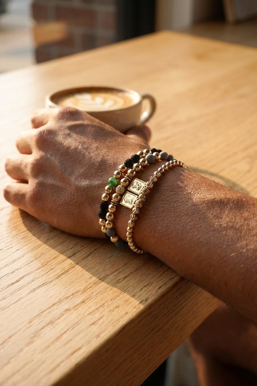 Pulsera Escapulario Italiano lifestyle sobre mesa de café de madera en oro laminado 18k NJL Jewelry