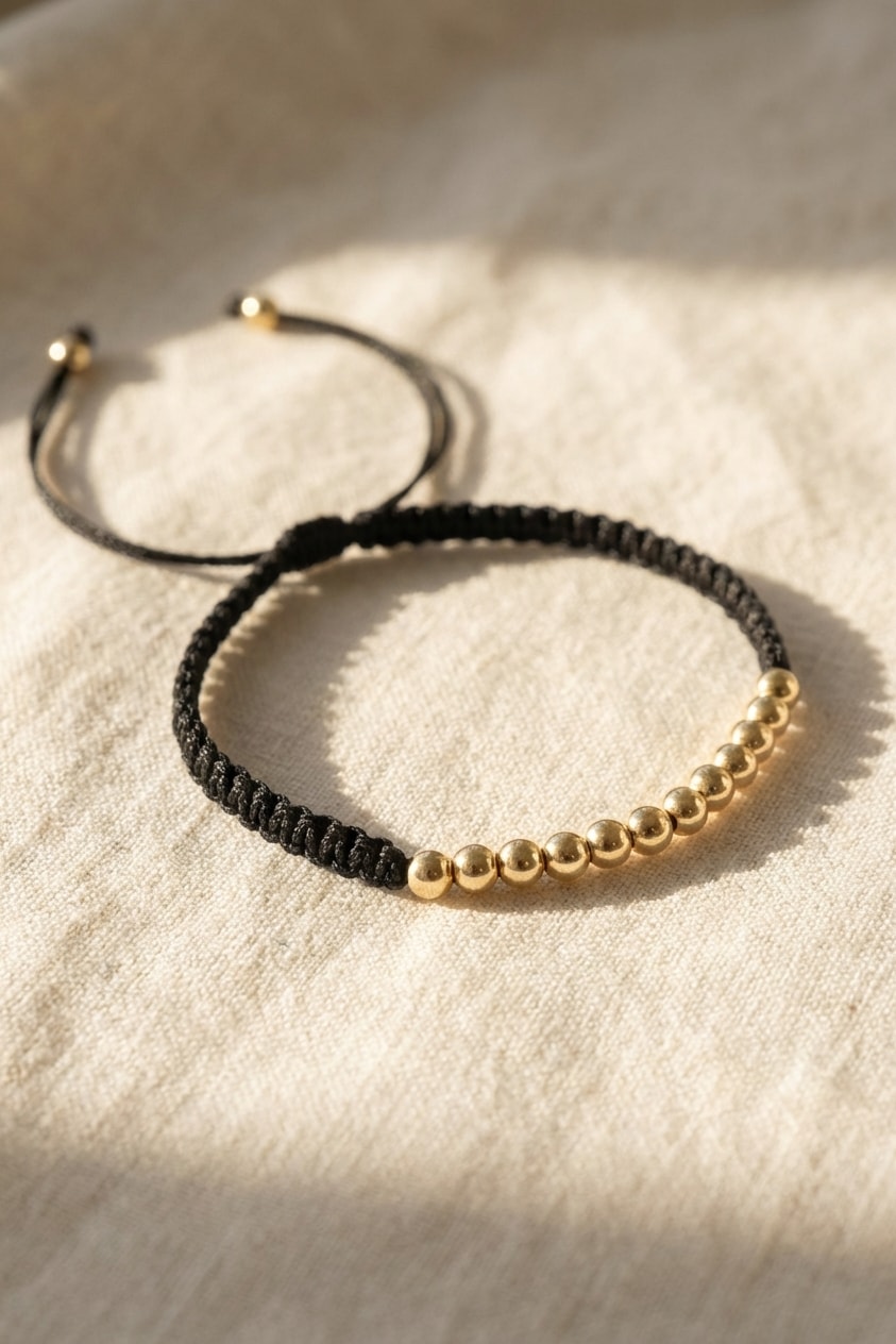 Pulsera Hilo Rojo y Negro sobre lino cremoso, flat lay editorial en oro laminado 18k NJL Jewelry