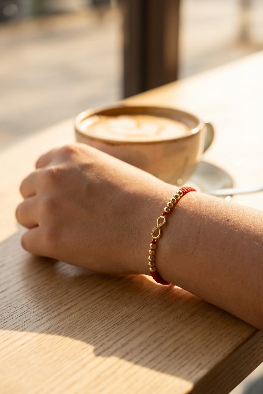 Pulsera Infinito Balín 4mm lifestyle sobre mesa de café de madera en oro laminado 18k NJL Jewelry