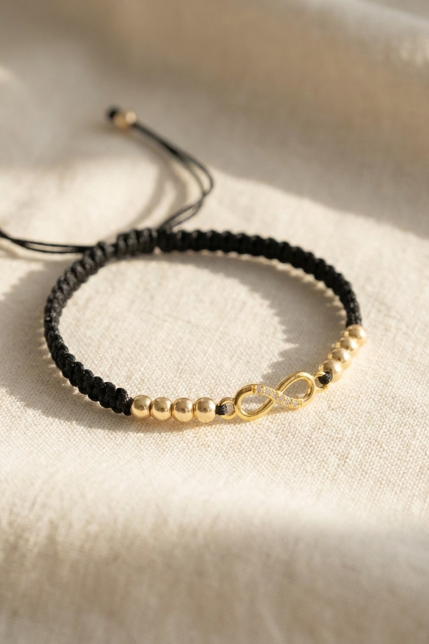 Pulsera Infinito Balín 4mm sobre lino cremoso, flat lay editorial en oro laminado 18k NJL Jewelry