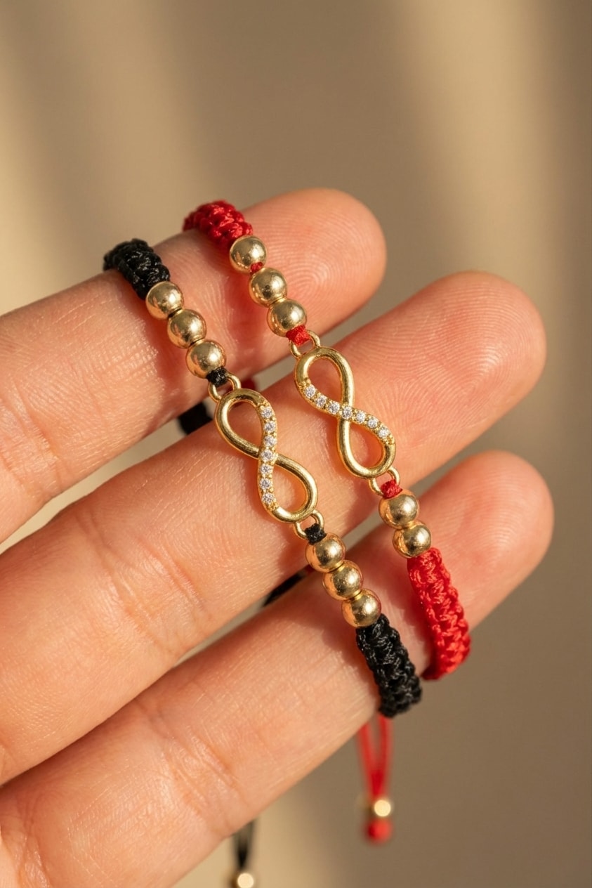 Pulsera Infinito Balín 4mm detalle macro sostenida entre dedos en oro laminado 18k NJL Jewelry