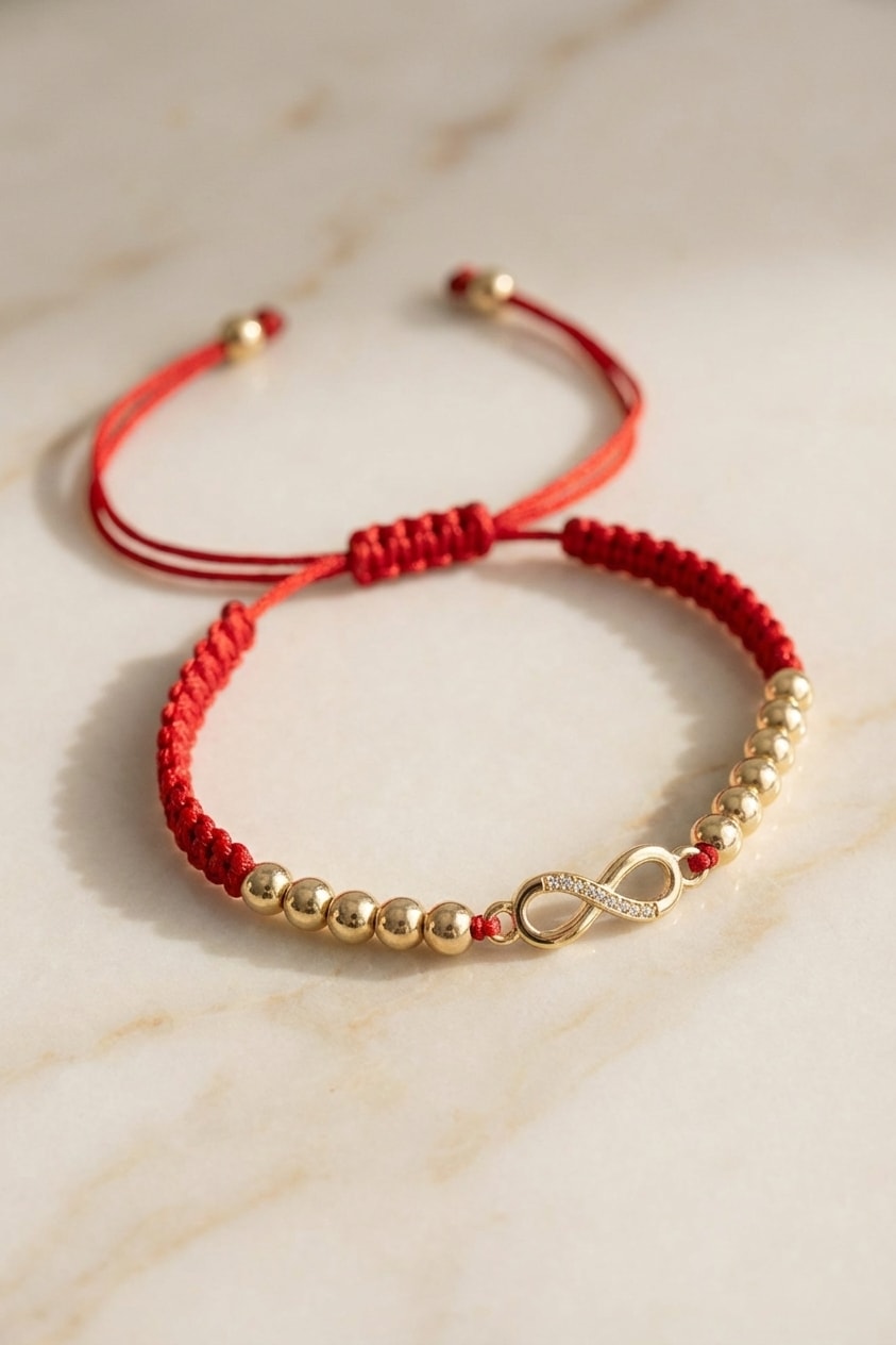 Pulsera Infinito Balín 4mm flat lay sobre mármol cremoso, composición elegante en oro laminado 18k NJL Jewelry