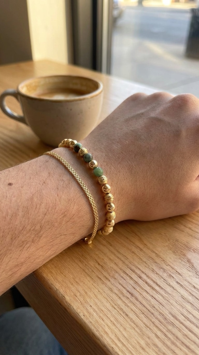 Pulsera Intercalada con Esmeralda Natural lifestyle sobre mesa de café de madera en oro laminado 18k NJL Jewelry