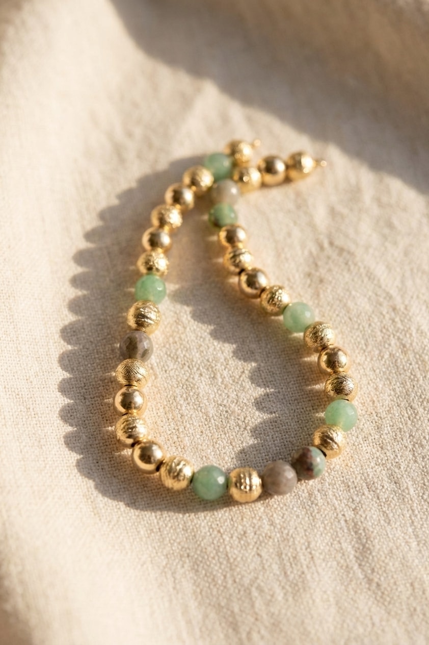 Pulsera Intercalada con Esmeralda Natural sobre lino cremoso, flat lay editorial en oro laminado 18k NJL Jewelry