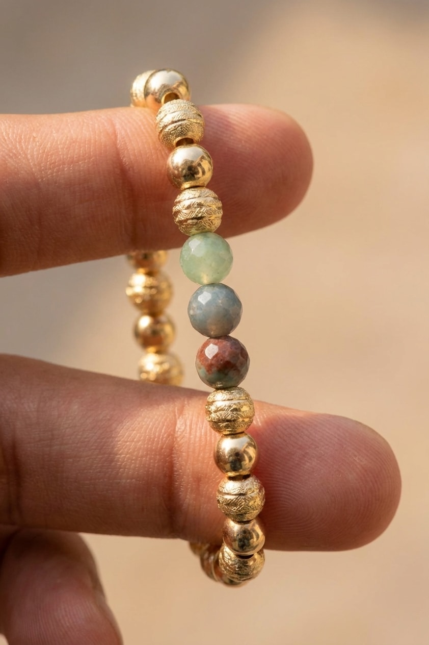 Pulsera Intercalada con Esmeralda Natural detalle macro sostenida entre dedos en oro laminado 18k NJL Jewelry