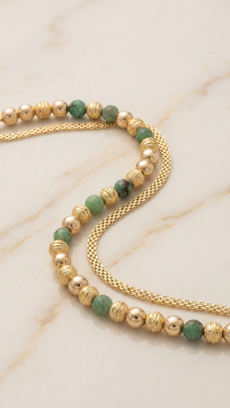 Pulsera Intercalada con Esmeralda Natural flat lay sobre mármol cremoso, composición elegante en oro laminado 18k NJL Jewelry