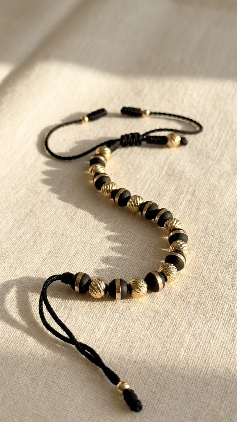 Pulsera macramé negro con balines diamantados oro laminado 18k sobre lino crema, flat lay editorial NJL Jewelry