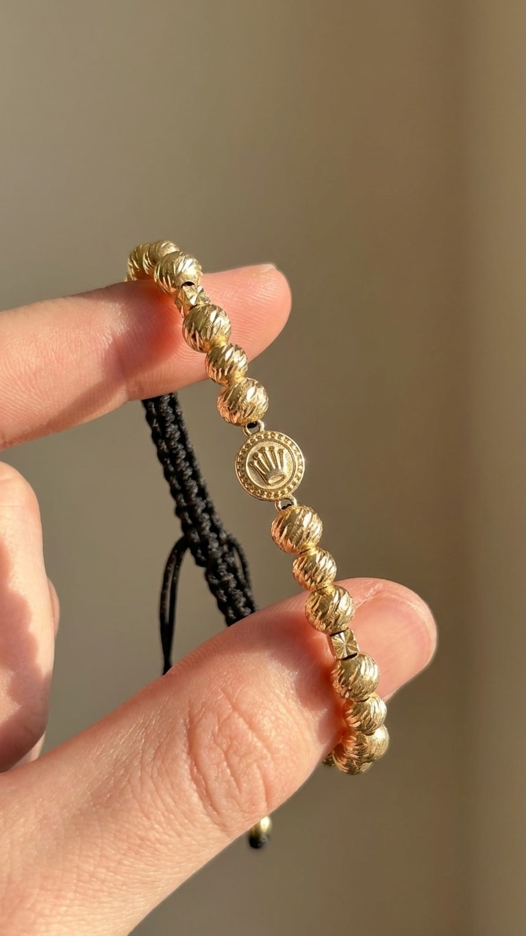 Pulsera balines diamantados con medalla central oro laminado 18k detalle macro entre dedos, primer plano NJL Jewelry