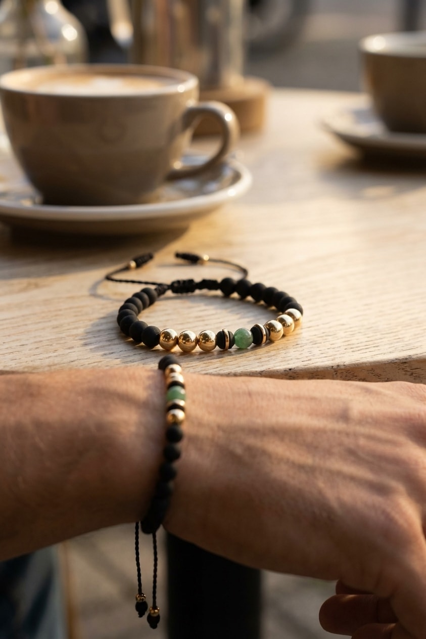 Pulsera Neopreno Esmeralda lifestyle sobre mesa de café de madera en oro laminado 18k NJL Jewelry