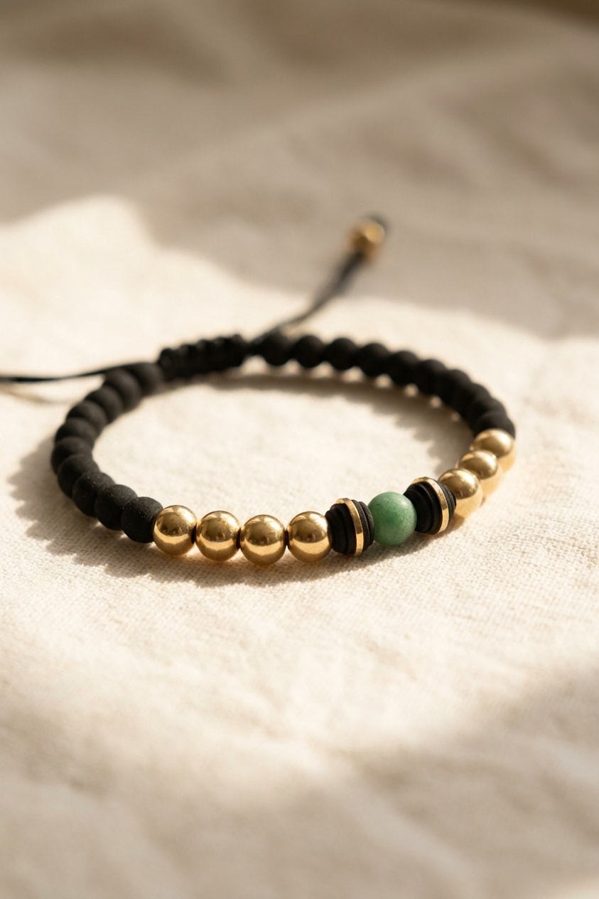 Pulsera Neopreno Esmeralda sobre lino cremoso, flat lay editorial en oro laminado 18k NJL Jewelry