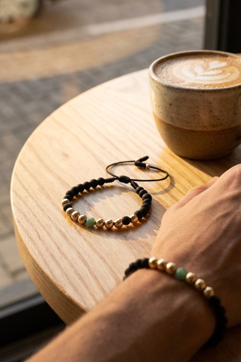 Pulsera Neopreno Esmeralda Lux lifestyle sobre mesa de café de madera en oro laminado 18k NJL Jewelry