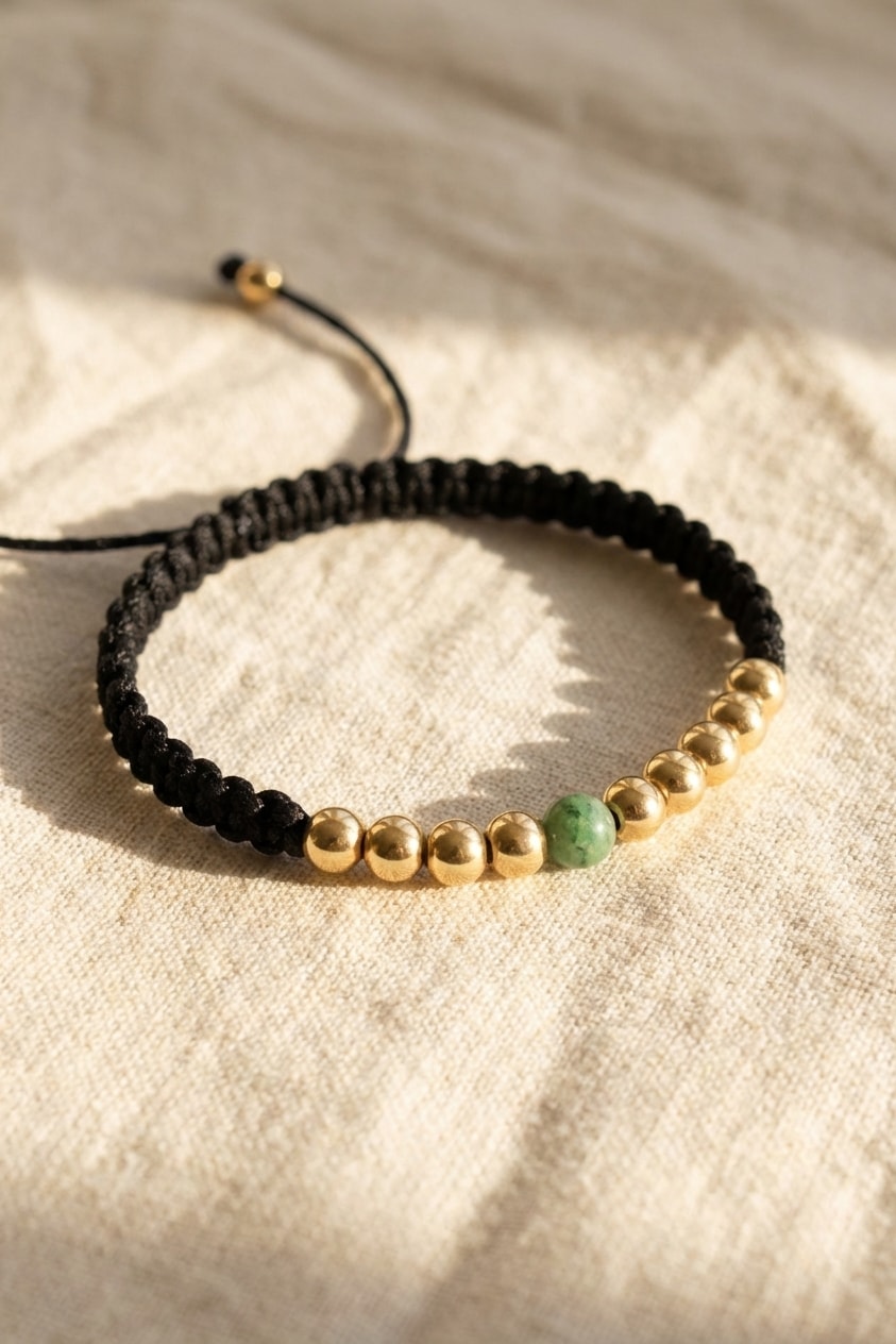 Pulsera Neopreno Esmeralda Lux sobre lino cremoso, flat lay editorial en oro laminado 18k NJL Jewelry