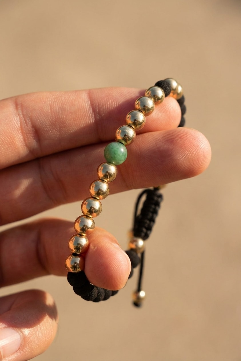 Pulsera Neopreno Esmeralda Lux detalle macro sostenida entre dedos en oro laminado 18k NJL Jewelry