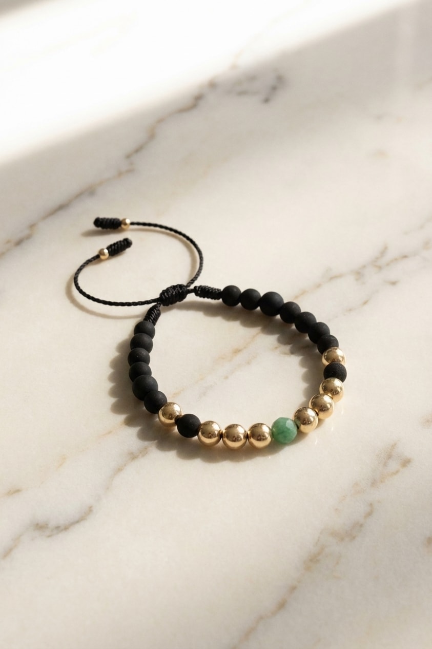 Pulsera Neopreno Esmeralda Lux flat lay sobre mármol cremoso, composición elegante en oro laminado 18k NJL Jewelry