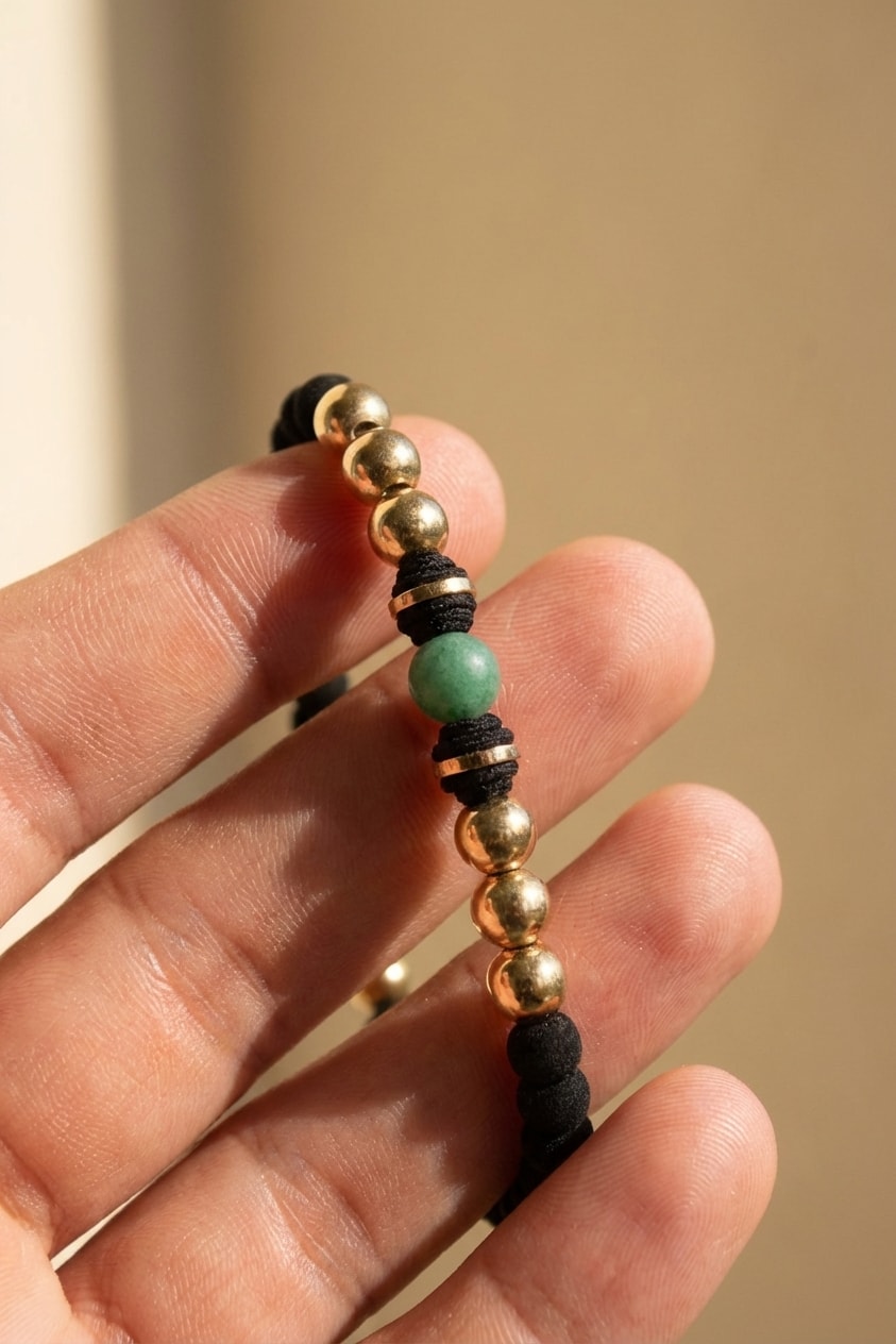 Pulsera Neopreno Esmeralda detalle macro sostenida entre dedos en oro laminado 18k NJL Jewelry