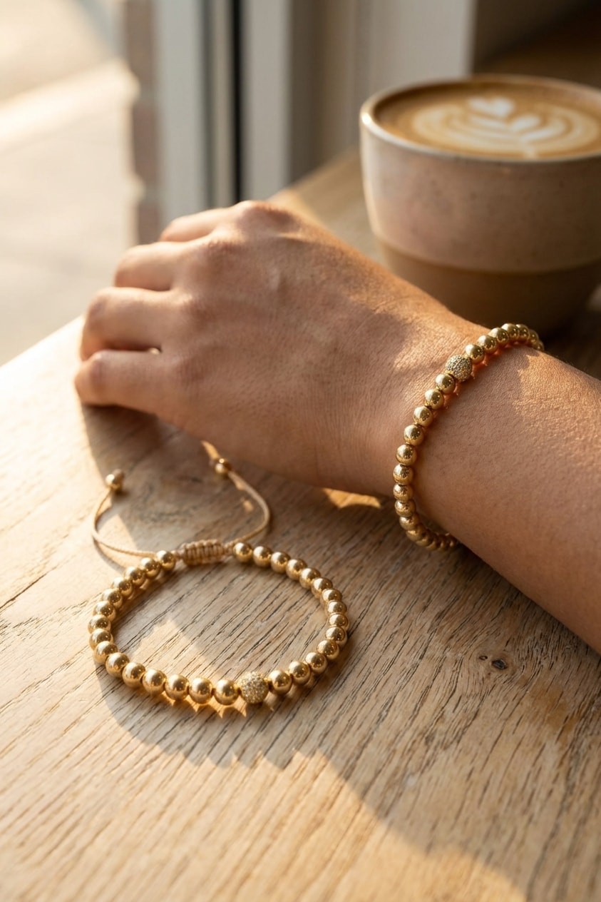 Pulsera Palo de Rosa con Bola Central lifestyle sobre mesa de café de madera en oro laminado 18k NJL Jewelry