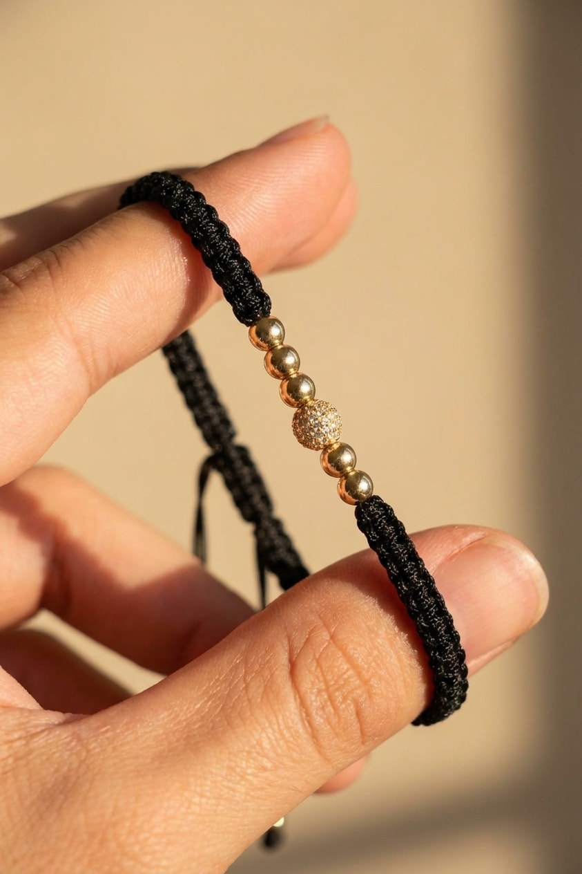 Pulsera Palo de Rosa con Bola Central detalle macro sostenida entre dedos en oro laminado 18k NJL Jewelry