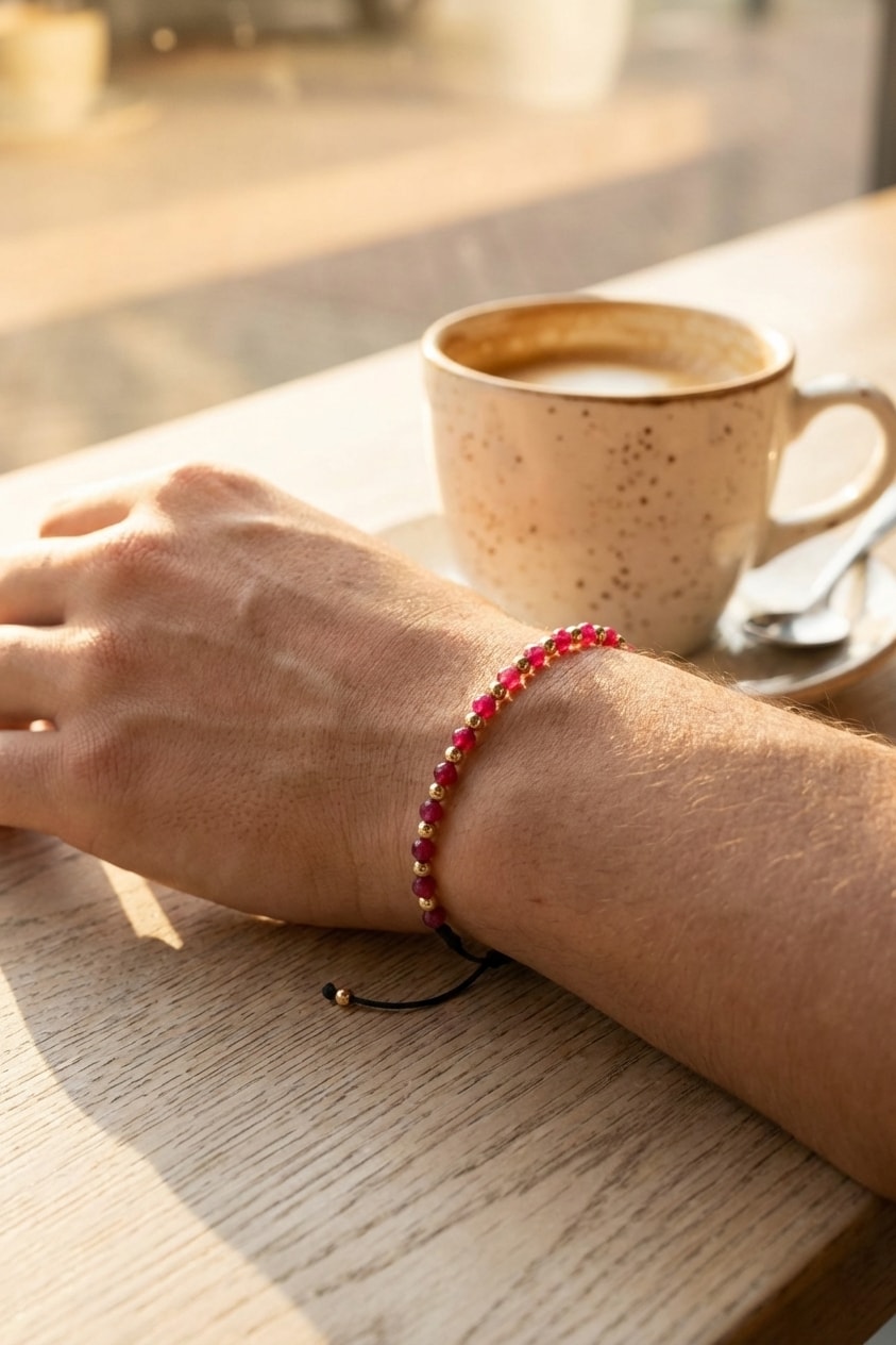 Pulsera Rubí Intercalado Balín 4mm lifestyle sobre mesa de café de madera en oro laminado 18k NJL Jewelry