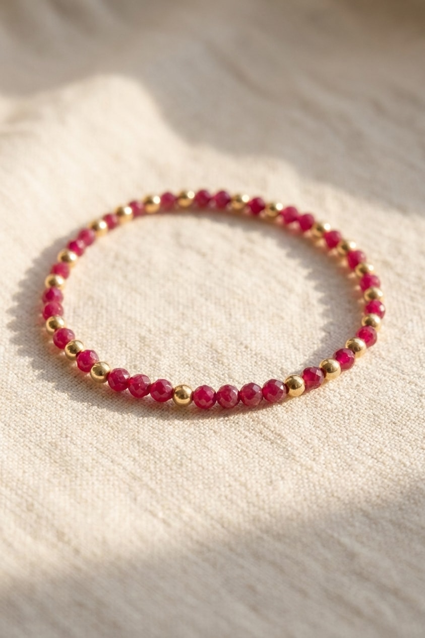 Pulsera Rubí Intercalado Balín 4mm sobre lino cremoso, flat lay editorial en oro laminado 18k NJL Jewelry