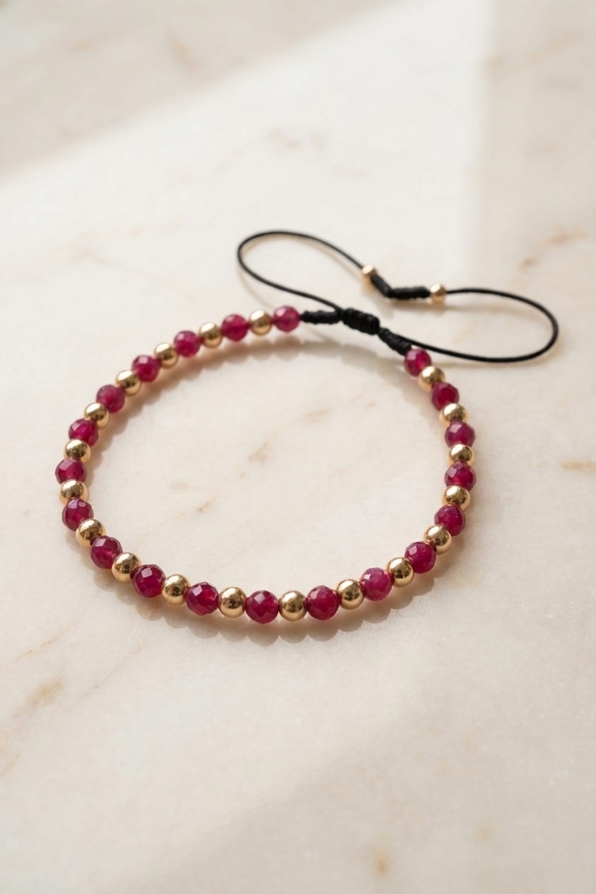 Pulsera Rubí Intercalado Balín 4mm flat lay sobre mármol cremoso, composición elegante en oro laminado 18k NJL Jewelry