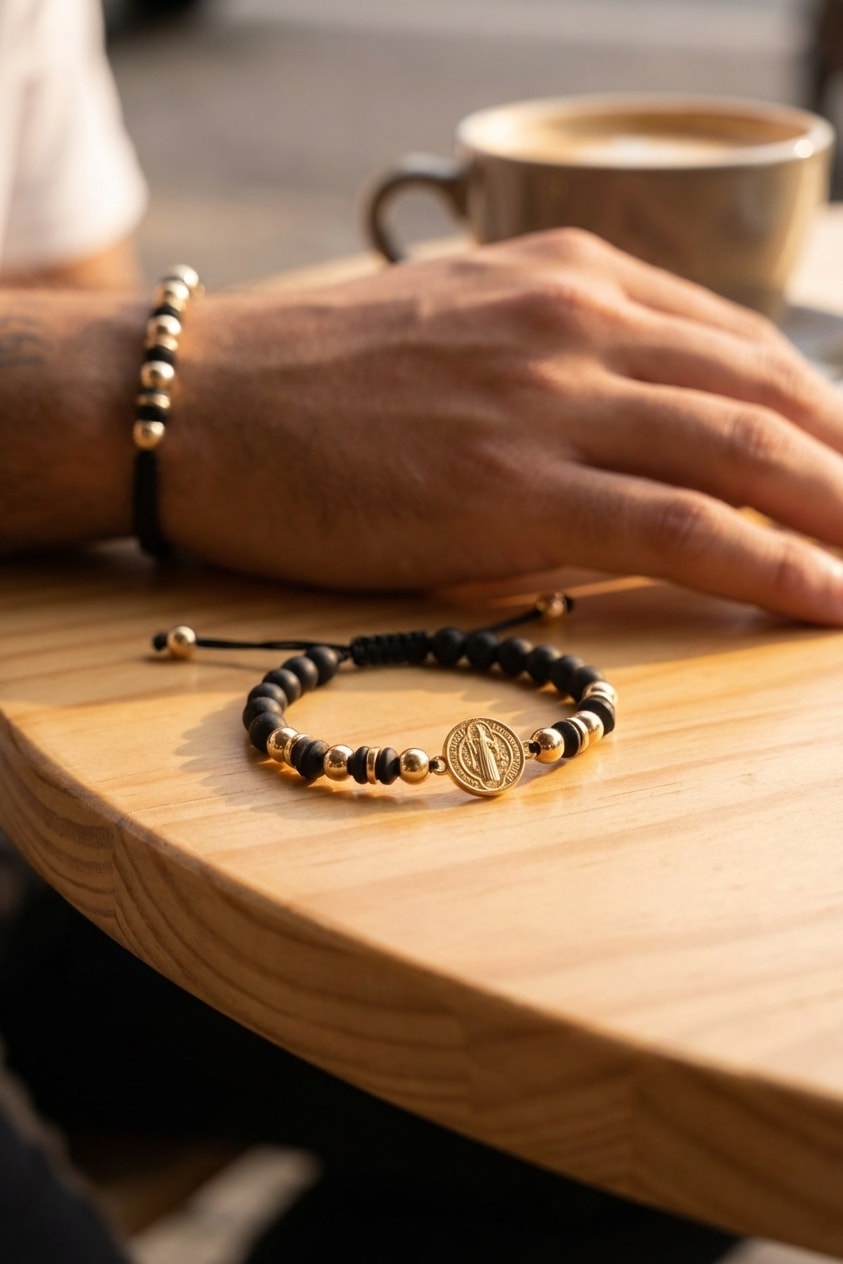 Pulsera San Benito Balín 6mm lifestyle sobre mesa de café de madera en oro laminado 18k NJL Jewelry