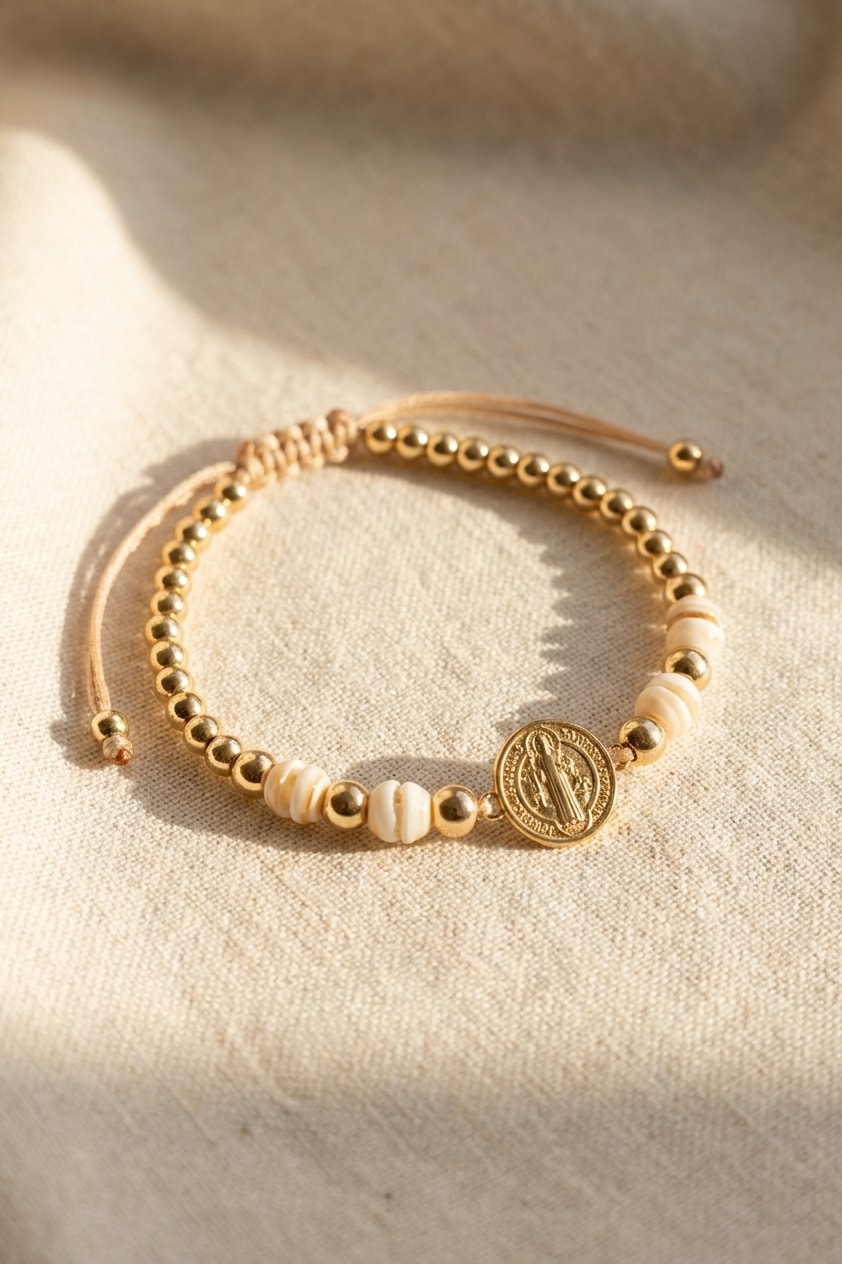 Pulsera San Benito Balín 6mm sobre lino cremoso, flat lay editorial en oro laminado 18k NJL Jewelry