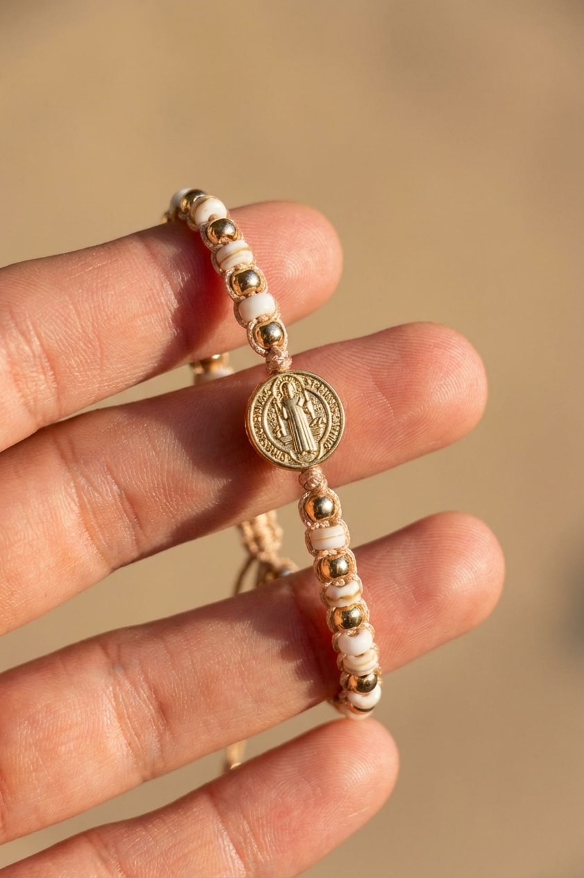 Pulsera San Benito Balín 6mm detalle macro sostenida entre dedos en oro laminado 18k NJL Jewelry