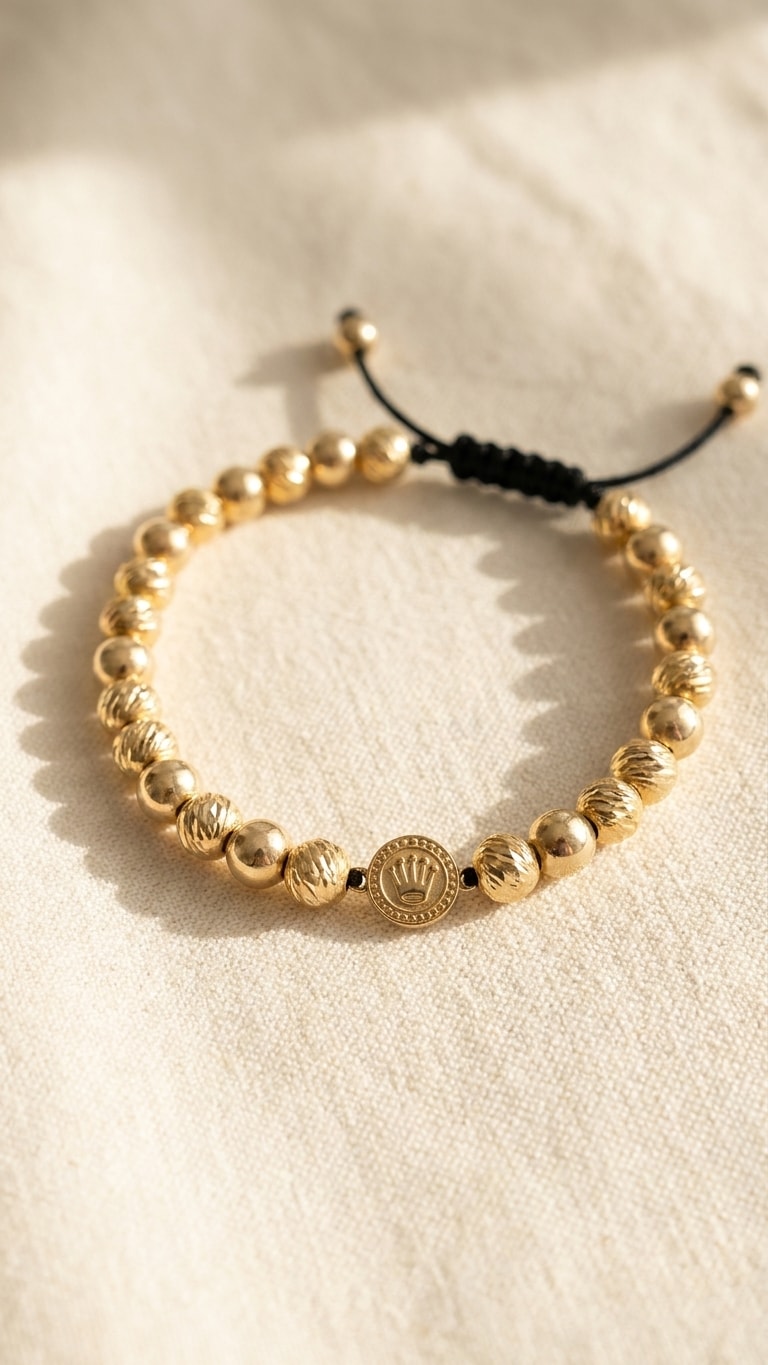 Pulsera balines diamantados gruesos con medalla sello premium oro laminado 18k sobre lino crema, flat lay editorial NJL Jewelry