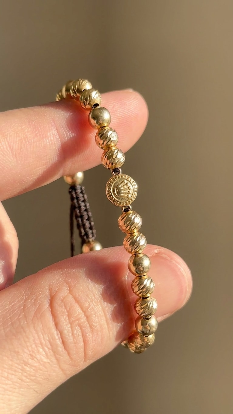 Pulsera balines diamantados gruesos con medalla sello premium oro laminado 18k detalle macro entre dedos, primer plano NJL Jewelry