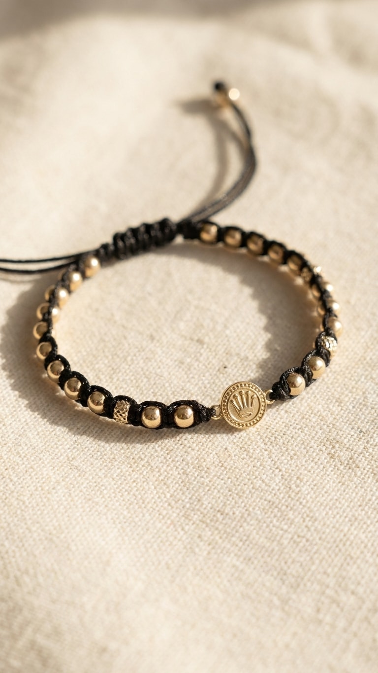 Pulsera macramé fino con balines y medalla sello oro laminado 18k sobre lino crema, flat lay editorial NJL Jewelry
