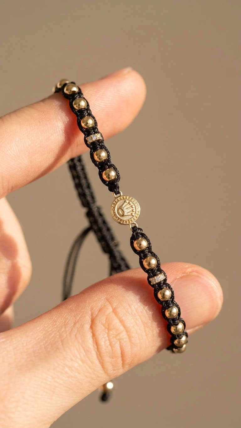 Pulsera macramé fino con balines y medalla sello oro laminado 18k detalle macro entre dedos, primer plano NJL Jewelry