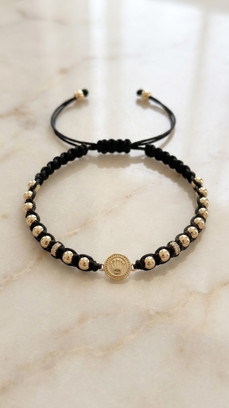 Pulsera macramé fino con balines y medalla sello oro laminado 18k flat lay sobre mármol cremoso, composición elegante NJL Jewelry