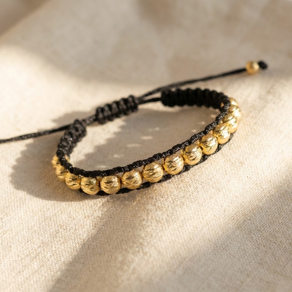 Pulsera Tejido Flecha sobre lino cremoso, flat lay editorial en oro laminado 18k NJL Jewelry