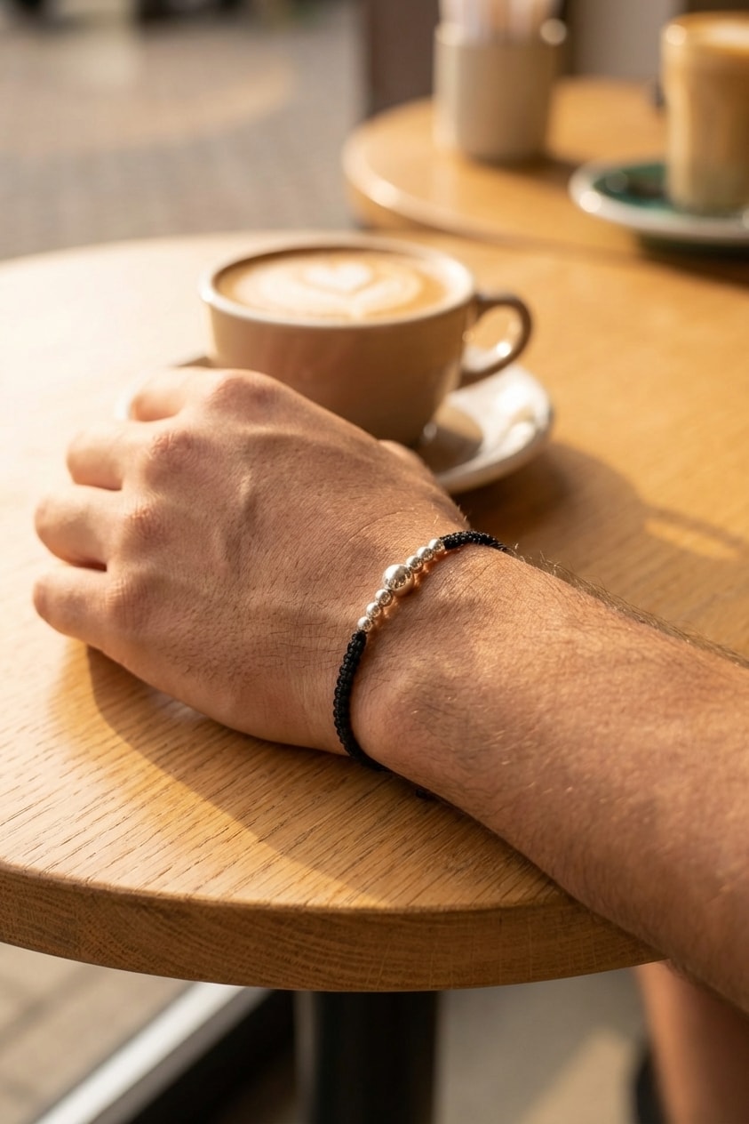 Pulsera Trenza Bicolor 4mm lifestyle sobre mesa de café de madera en oro laminado 18k NJL Jewelry