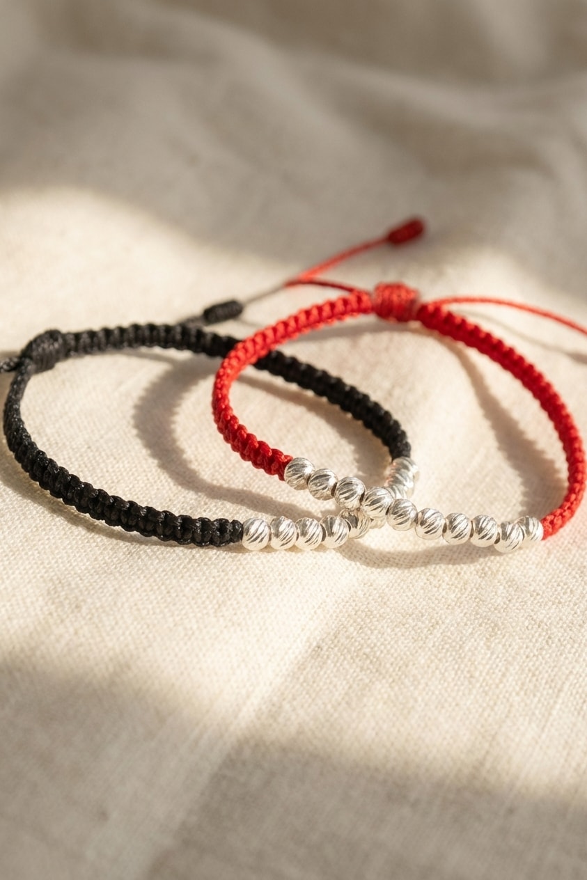 Pulsera Trenza Bicolor 4mm sobre lino cremoso, flat lay editorial en oro laminado 18k NJL Jewelry