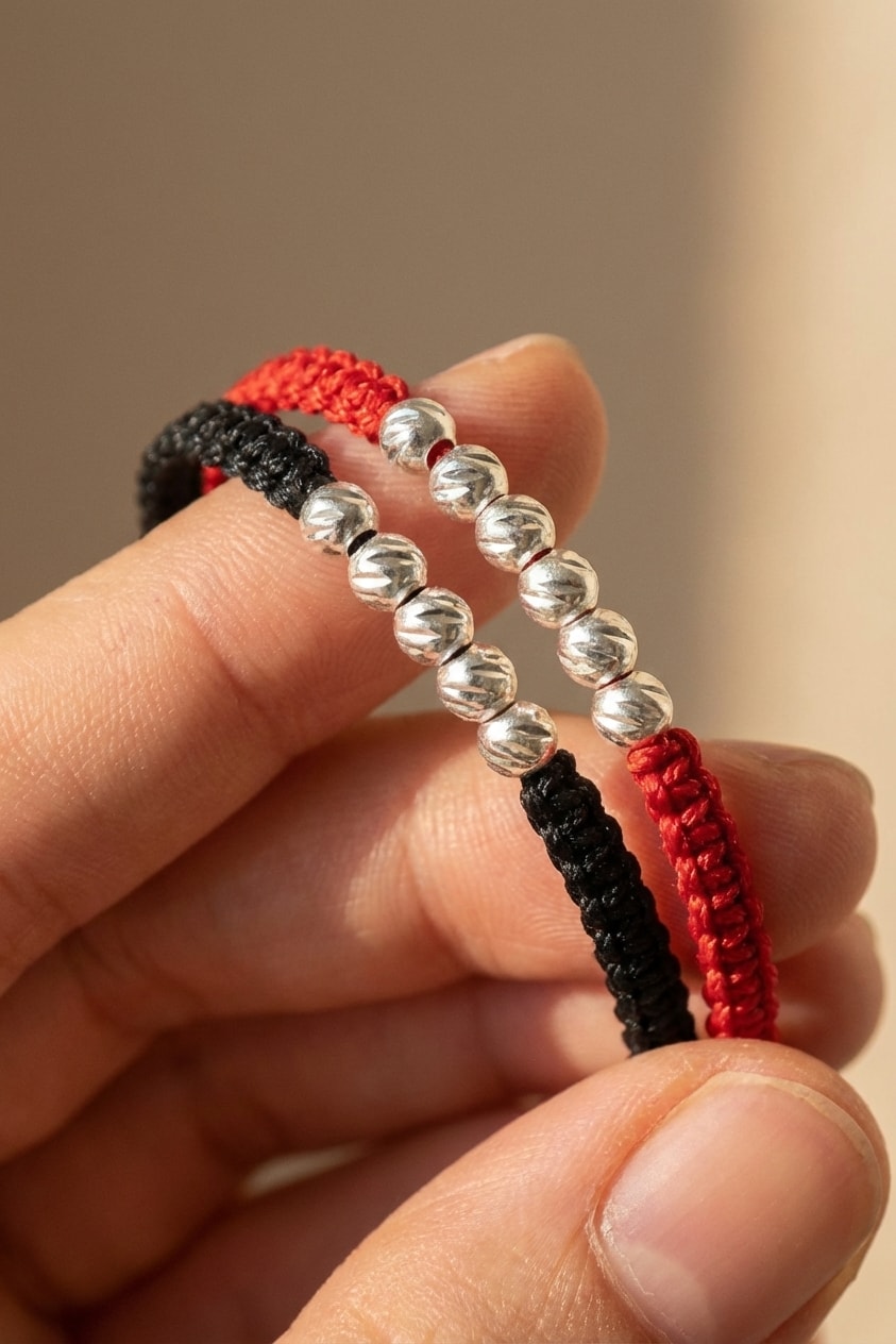 Pulsera Trenza Bicolor 4mm detalle macro sostenida entre dedos en oro laminado 18k NJL Jewelry