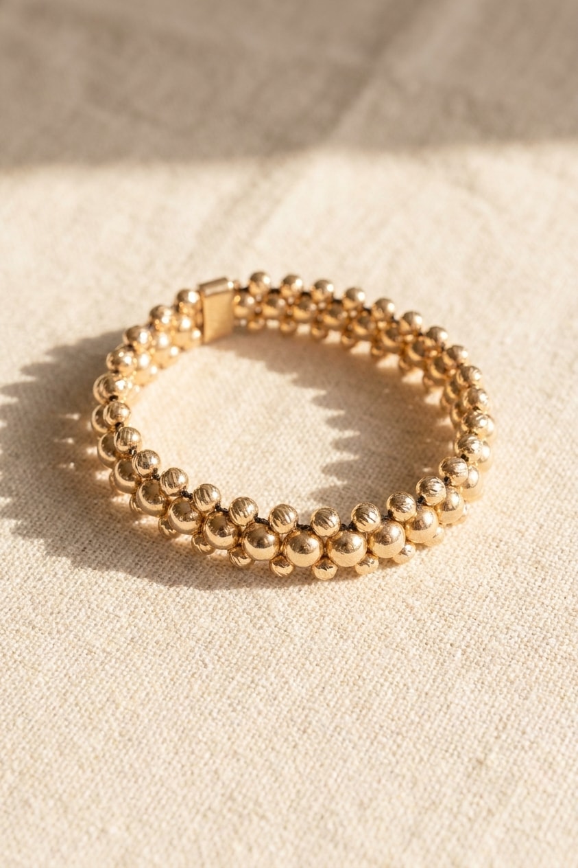 Pulsera triple carril liso de balines oro laminado 18k sobre lino crema, flat lay editorial NJL Jewelry