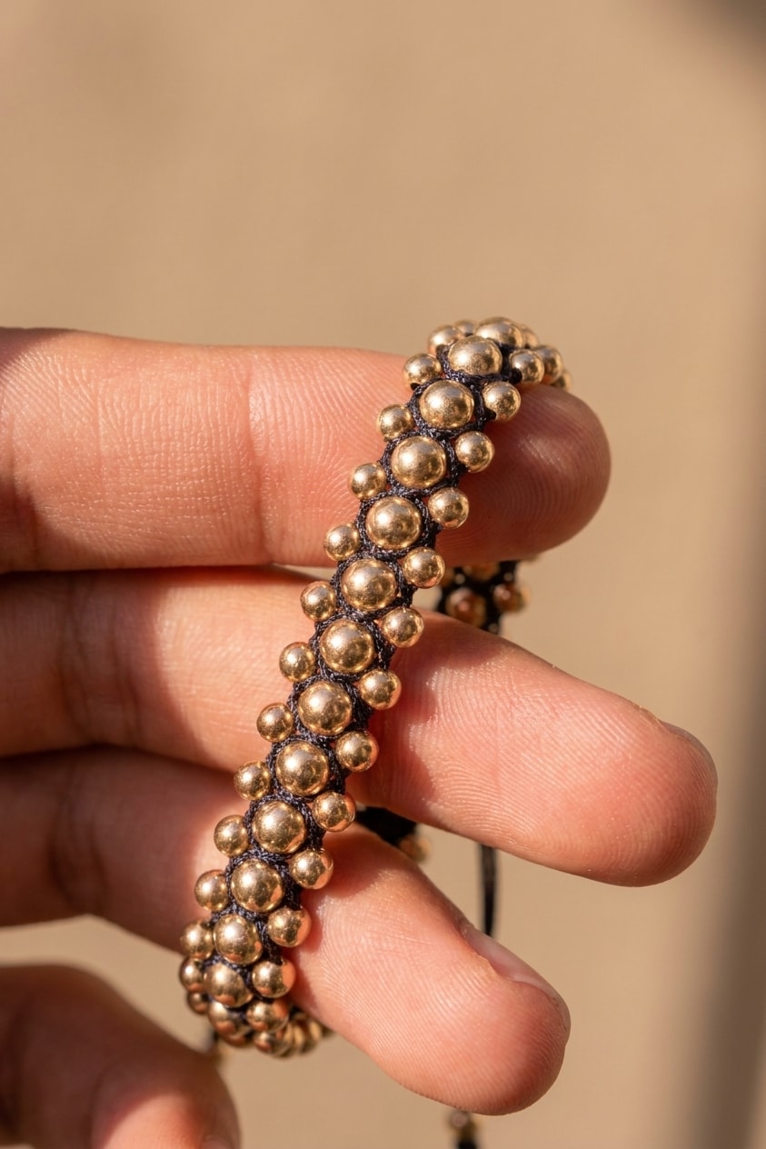 Pulsera triple carril liso de balines oro laminado 18k detalle macro entre dedos, primer plano NJL Jewelry